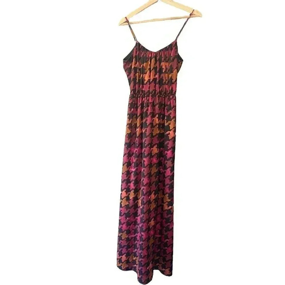 LAVENDER BROWN Orange Pink Burgundy Fall Houndstooth Maxi Dress Size S Small - Picture 1 of 12